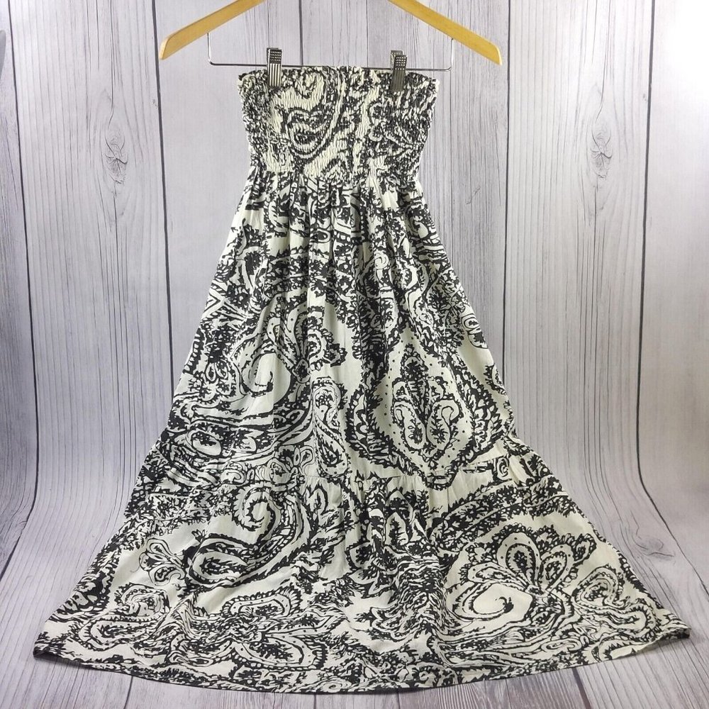 Strapless Summer Dress Ruffle Hem Shirred Detail Tube Dress Black/Beige Size S
